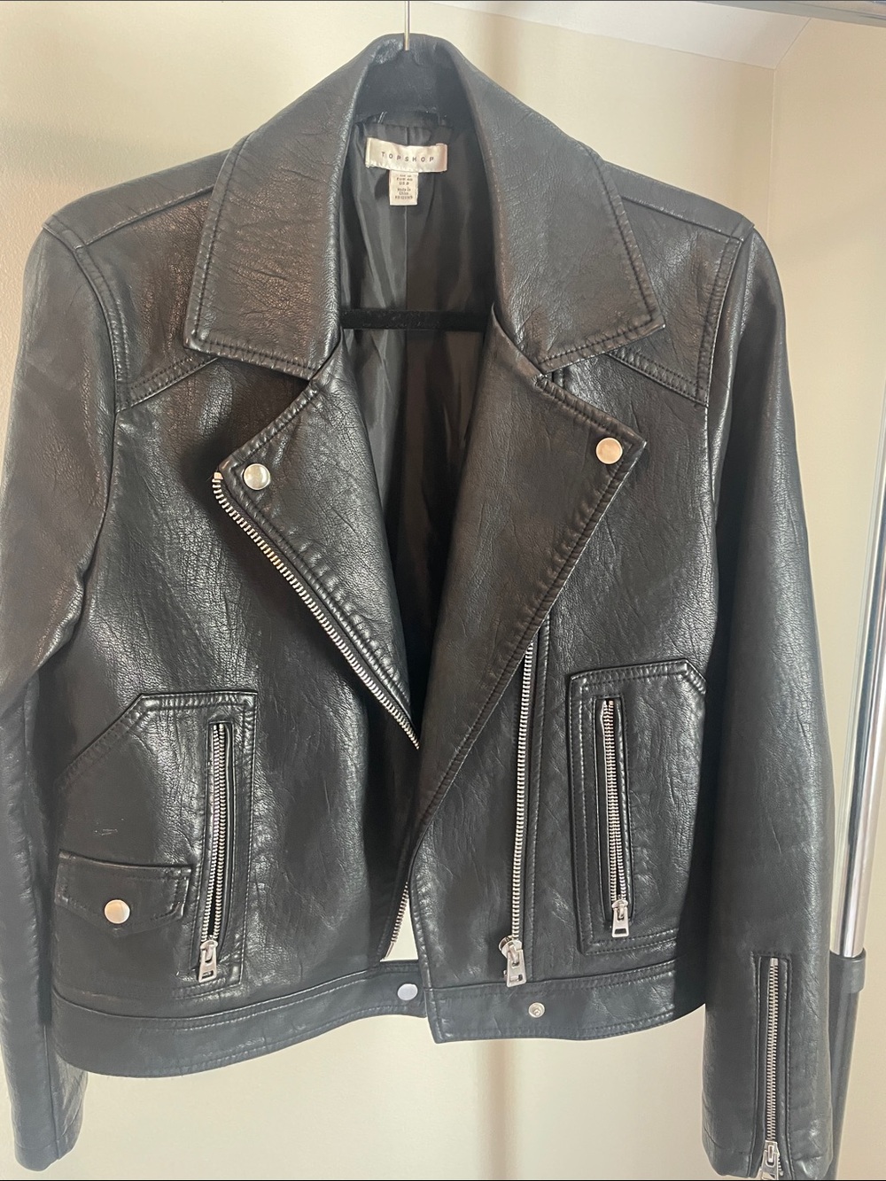Topshop Black Faux Leather Moto Jacket with Silver Hardware